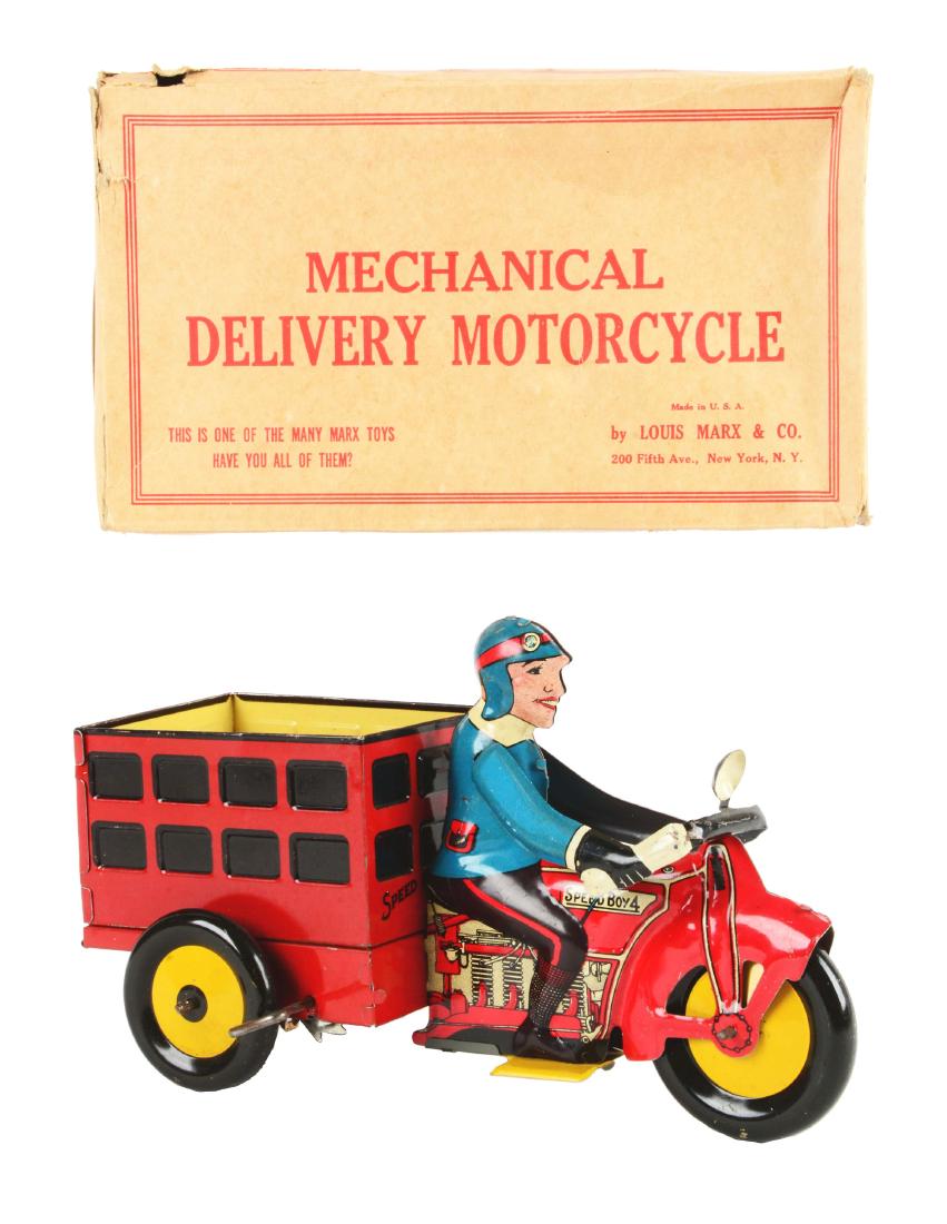 Marx Tin Litho Wind Up Delivery Motorcycle Toy. (1 of 6)