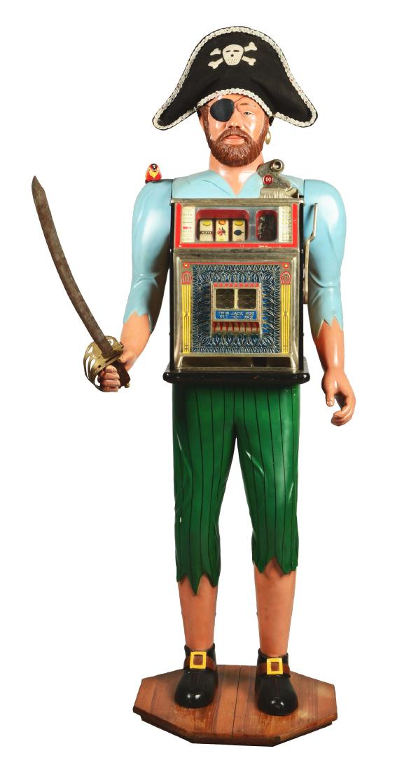 **1¢ Watling Blue Seal Figural Pirate Slot Machine.: Gooseneck bell three-reel slot machine features twin jackpot banks and beautifully detailed front castings. The device acts as the torso to an unsuspecting pirate stand, complete with sword, hat, parr