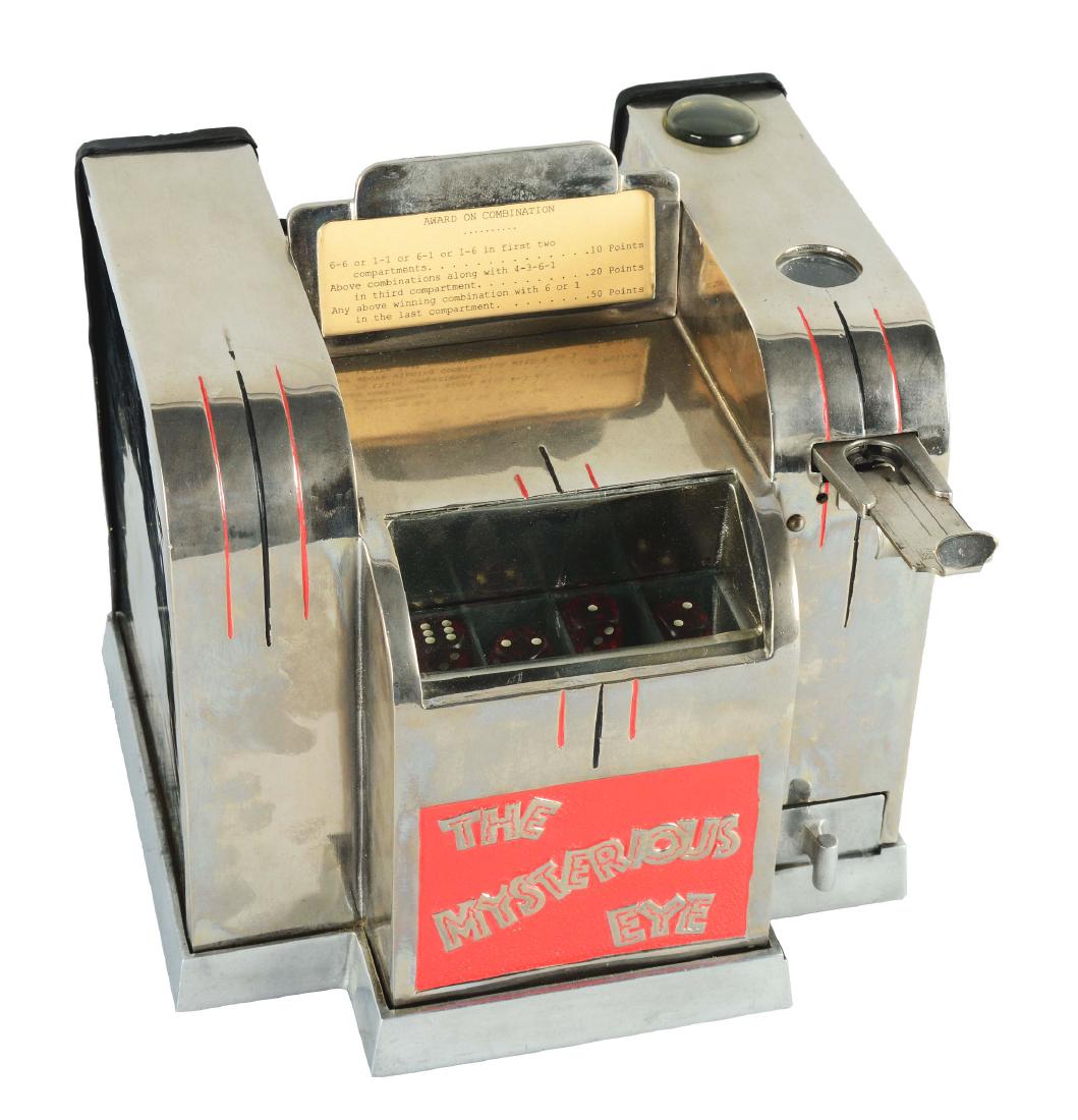 5¢ Western Equipment The Mysterious Eye Dice Trade: Silver and red Art Deco style cabinet with four large dice. The player calculates their score based upon the numbers on the dice. Circa 1933 by Western Equipment & Supply. A unique machine and somewha