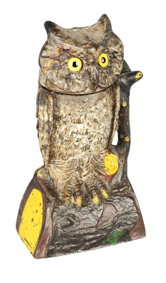 J&E Stevens Owl Cast Iron Mechanical Bank. (1 of 4)