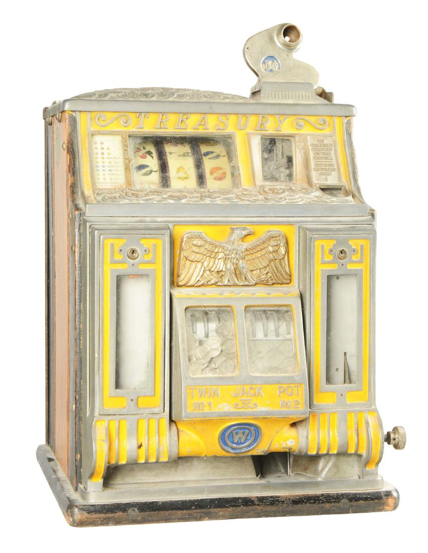 **5¢ Watling Treasury Twin Jackpot Front Vendor Slot: This three reel machine features a central twin jackpot and a mint vendor column on each side. Castings and cabinet show the original finish with slight wear, consistent with age. Original manufacture