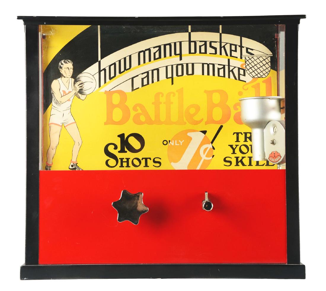 1¢ Bally's Baffle Ball Arcade Game.: The object of this countertop skill game is to determine "How Many Basket's Can You Make?" as seen on the original paper background to this Bally game, circa 1931. The exterior housing appears to be n