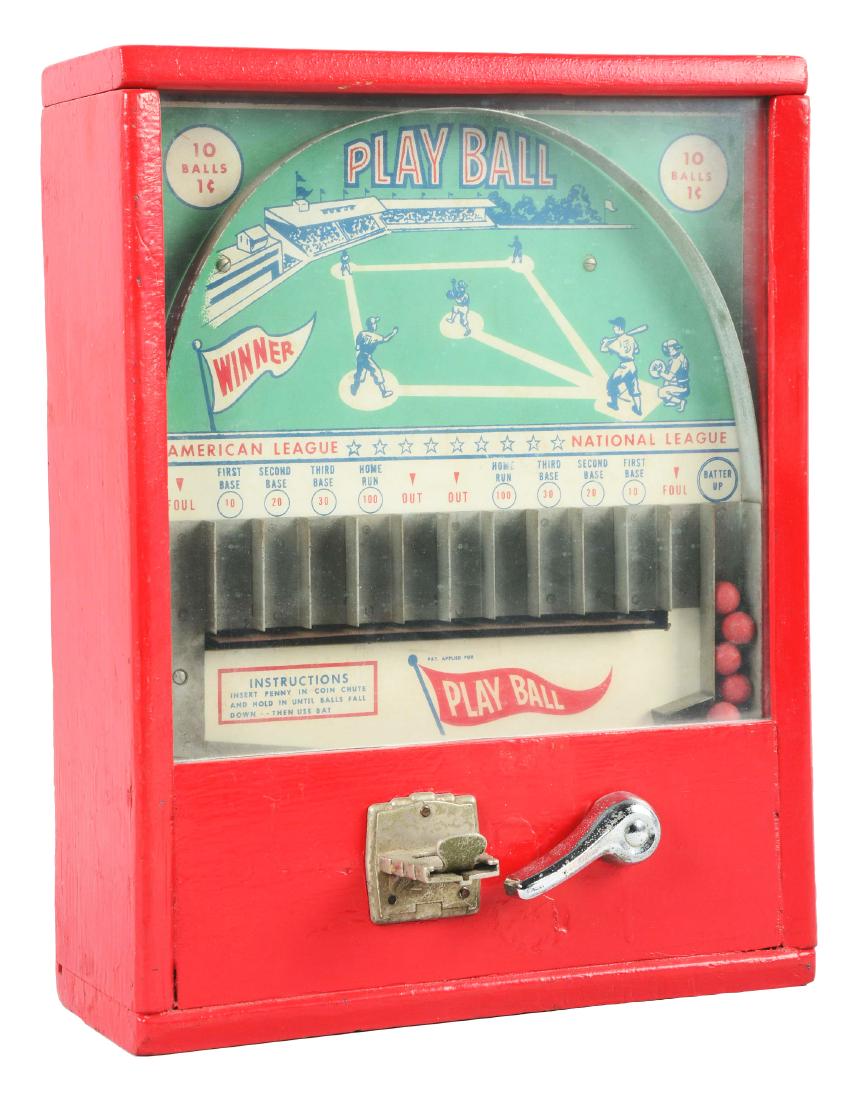 1¢ Play Ball Countertop Arcade Game.: For one cent, the patron is given three balls. By using the right handle, "bat" any of three balls through the baseball field which would then land in any of the 12 open channels. The cabinet is made