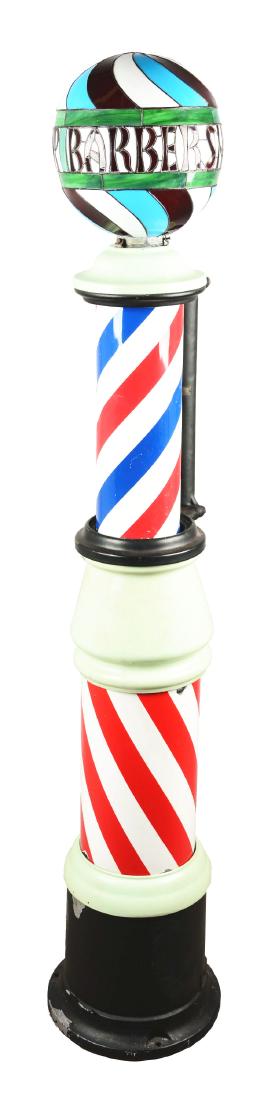 Porcelain Barber Shop Pole With Stained Glass Globe. (1 of 6)