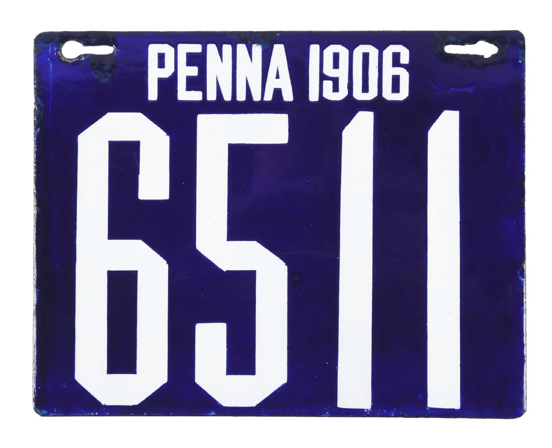 1906 Pennsylvania Porcelain Automobile License Plate.: SSP. An excellent condition four digit Pennsylvania porcelain license plate. Plate shows excellent color and gloss with some light touch ups along the outer upper edge and at the mounting holes. Plate