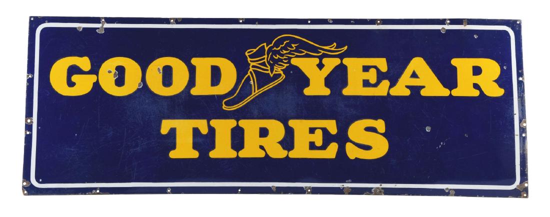 Goodyear Tires Porcelain Sign with Winged Foot Graphic.: SSP. Sign shows fair color throughout the entire field, but there is excessive scratching in the gloss through the majority of the entire field. There are a few light chips in the field, as well as so