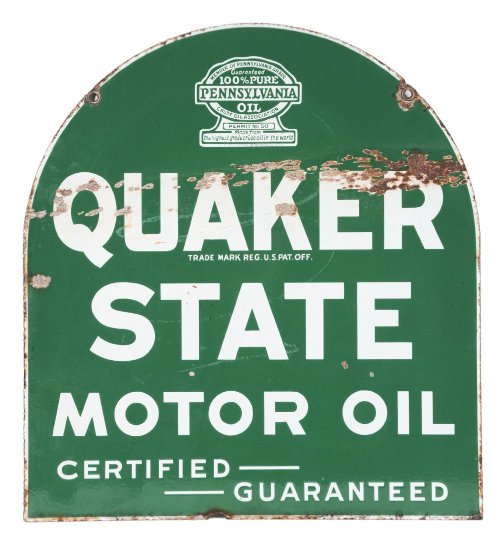 Quaker State Motor Oil Porcelain Tombstone Sign. (1 of 3)