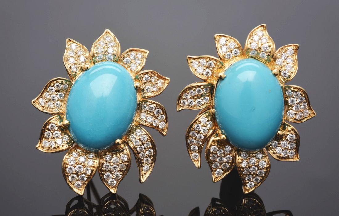 18K Yellow Gold Turquoise & Diamond Earrings. (1 of 5)