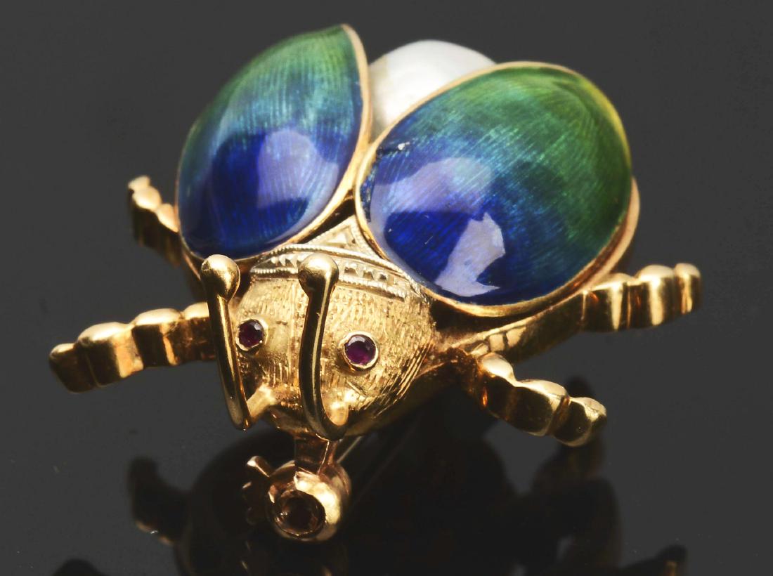 Vintage 18K Gold Pearl & Ruby Enameled Beetle (1 of 4)