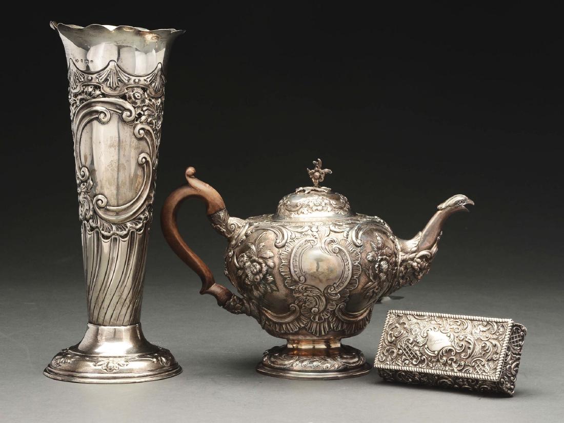 English Silver Teapot, Vase, and Box. (1 of 7)
