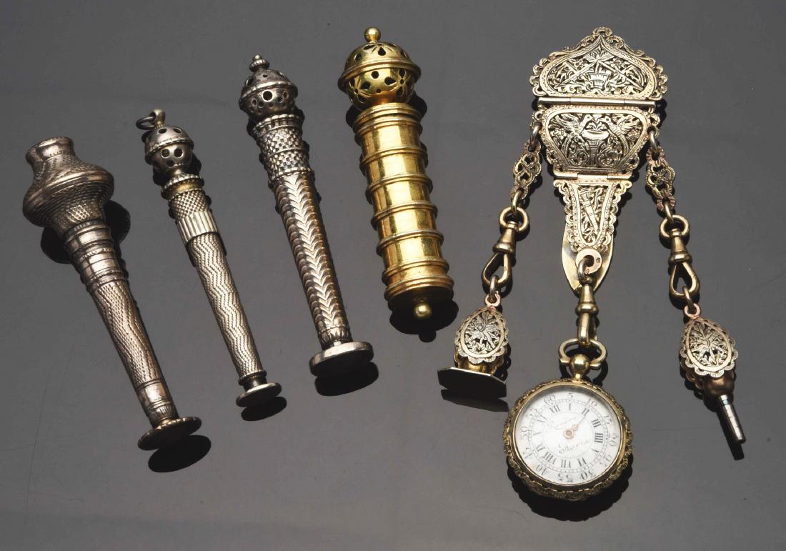 Lot of 5: Assorted Vinaigrettes & Pomanders.: Includes faux watch vinaigrette with French marks; silver needle holder and pomander, 18th century; vinaigrette with needle holder; German pomander and vinaigrette with seal, circa 1750; and brass vin