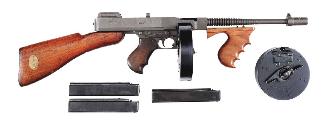 (N) Classic WWII Era Savage Manufactured 1928 A1: Arsenal refinished Savage manufactured Thompson Model 1928 A1 with Rock Island Armory markings in addition to flaming bomb ordinance mark on left side of receiver. Also marked "P O L" on left side of 