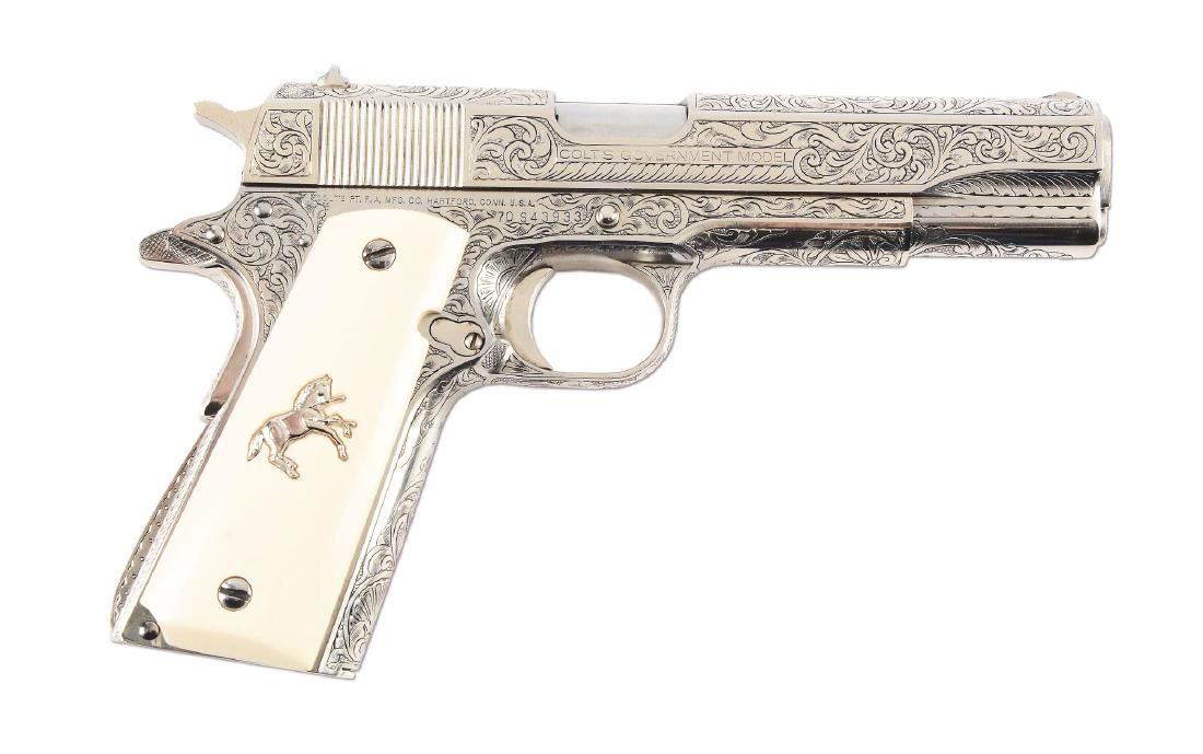 (M) Fully Engraved & Nickel Plated Colt Mk IV Series 70: This .38 Super features nearly complete 100% coverage, masterfully executed scroll and punch dot design, fully nickel plated with faux ivory grips with Colt pony on each side. As new inside and out as