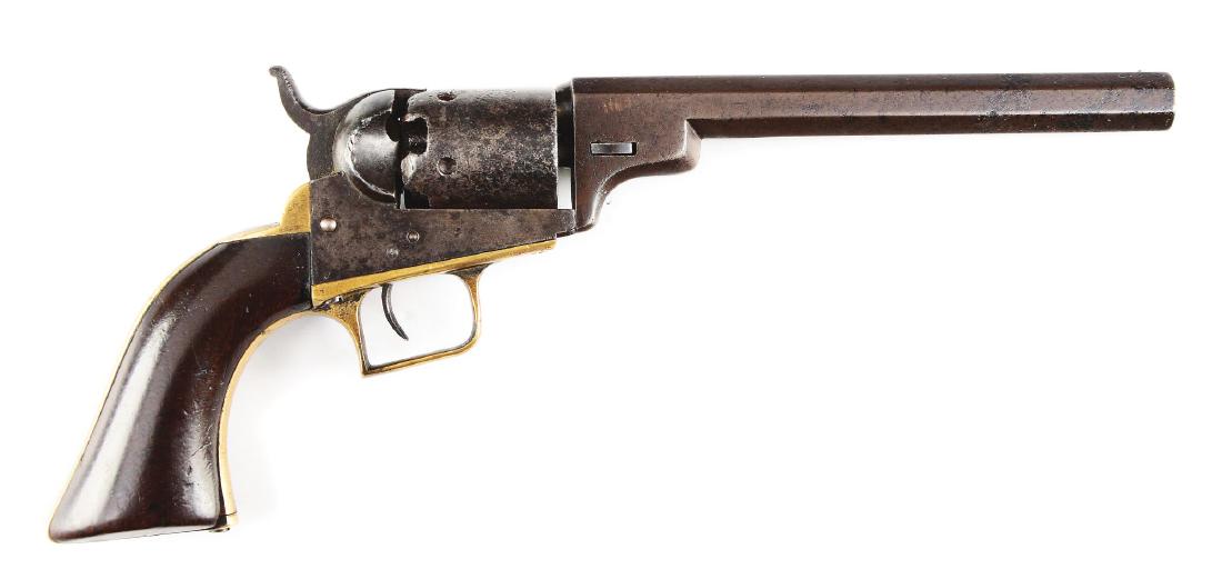 (A) Colt Model 1848 Baby Dragoon Percussion Revolver.: Manufactured between 1847-1850. Type II The Texas Ranger Indian scene on cylinder is no longer visible. The serial number is stamped on barrel, cylinder, wedge, frame, trigger guard and back strap. Fi
