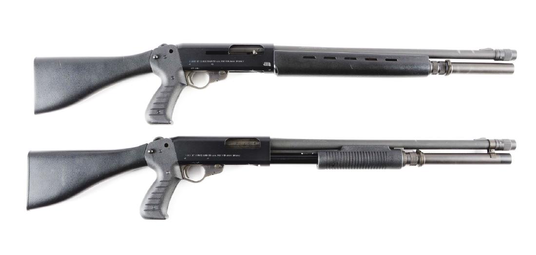 (M) Lot of 2: Franchi 12 Bore Semi Automatic Shotguns.: Comprising: (A) LAW 12 Franchi 12 gauge semi-automatic tactical shotgun. Features include threaded barrel, extended full tube magazine, three piece polymer pistol grip stocks, and parkerized finish. E