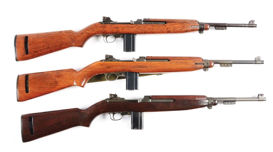(C) COLLECTORS LOT OF THREE M1 CARBINES: (A) Winchester M1 Carbine type 3 with bayonet lug , 20 round magazine. toggle safety with M marked magazine release. Mixed manufactured parts as is correct for these rebuilt rifles. Perch belly butt s