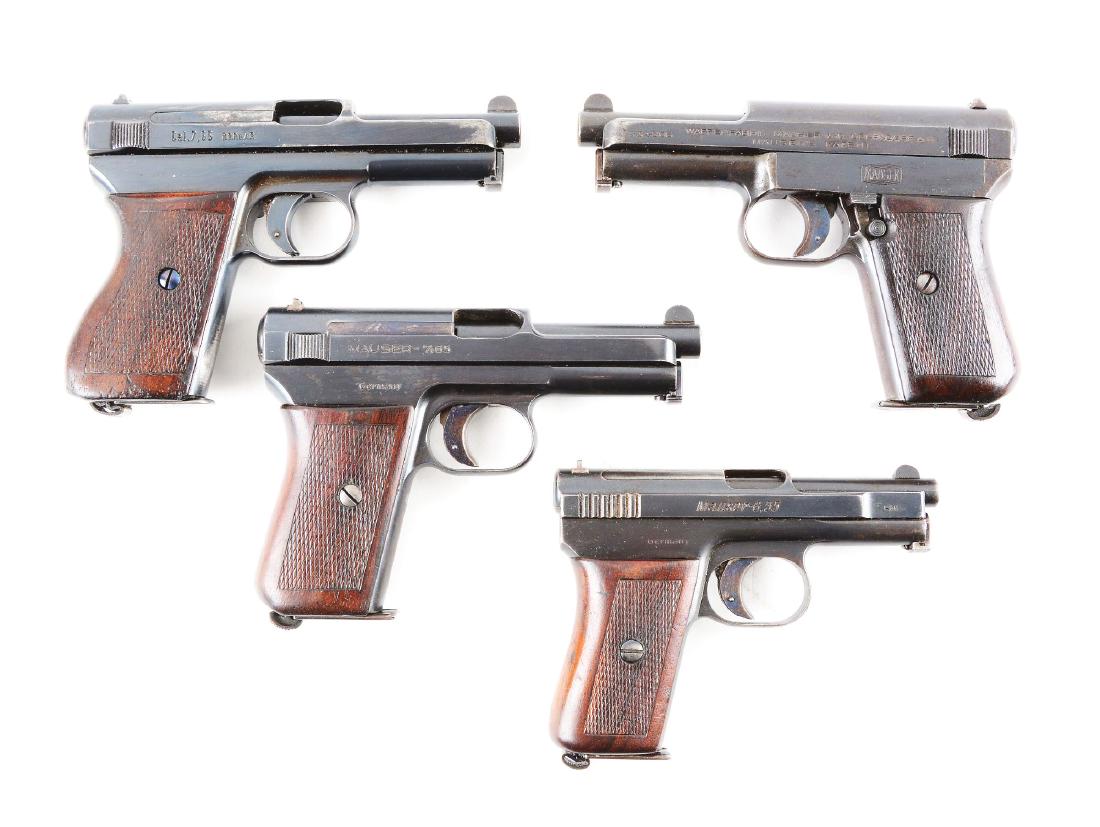 (C) Lot of 4: Pre-War German Mauser Semi-Automatic: Gun (A) is a Model 1914 that retains approximately 70% original blue with excellent checkered walnut one piece grips. Gun (B) is a Model 1934 Mauser with approximately 80% royal high polish blue and e