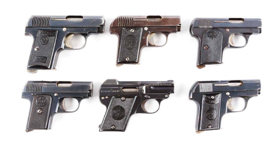 (C) Lot of 6: Pre-War European Small Pocket Pistols.: All six are blued finish with logo black composite grips with six assorted manufacturers and all include one magazine. All are in working condition. Gun (A) is a Astra Model 1916 with 2" barrel. Retai