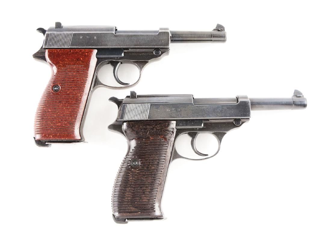 (C) Lot Of 2: Pair Of P-38's And One Holster.: (A)Manufactured by Spreewerk for the German Army in World War Two. Features include round barrel with adjustable blade front sight and fixed U notch rear sight. it is a recoil, locked breech, hammer f