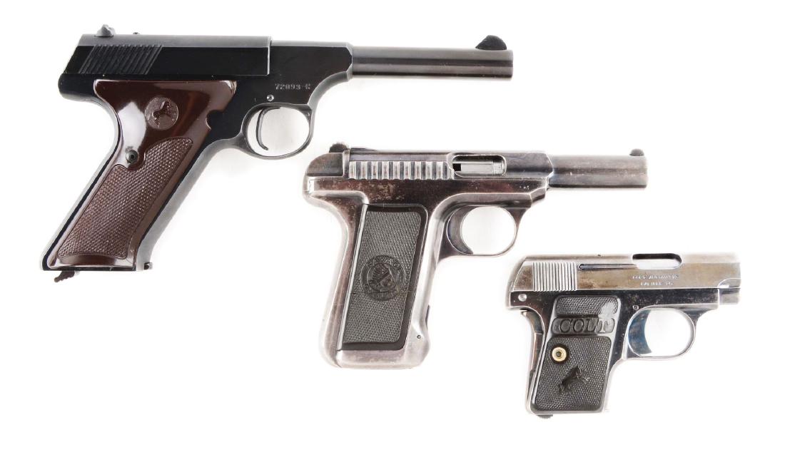 (C) Lot Of 3: Colt Challenger, Colt 1908 Vest Pocket,: 1953 production Challenger with 4 1/2 inch barrel and fixed sights. 2 piece brown plastic Colt grips . Factory magazine. 10 round apacity .22 LR. Condition as new 98% or better condition (B) Colt 08 v