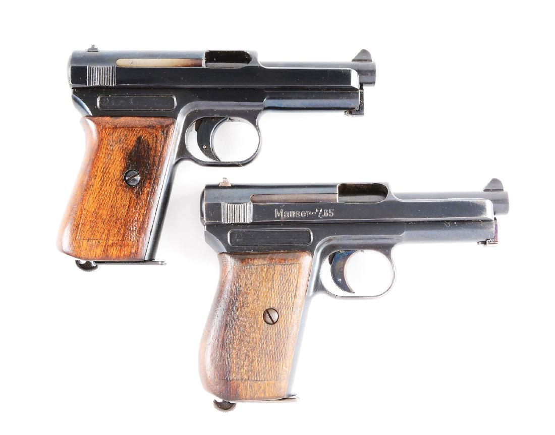 (C) Lot of 2 Mauser Model 1914 Pistols.: Gun (A) retains 90% finish. All markings are clear. Wood grips show moderate wear. Good mechanical function. Bore is good with strong rifling. Crown U proof behind rear sight. Gun (B) retains 95% of a
