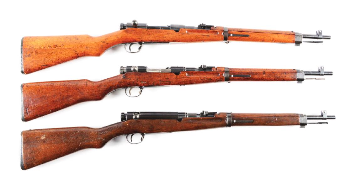 (C) Lot of 3: Japanese Arisaka Carbines.: Lot contains: Type 39 carbine, Type 38 carbine, and a Type 38 carbine. (A) A series 4, Type 39 carbine in 6.5mm Jap and manufactured by the Nagoya arsenal. Carbine is in very good condition with appro
