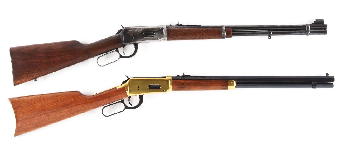 (C) Lot of 2: Winchester Lever Action Repeating: Gun (A) is a Model 1866-1966 Centennial short rifle that features blued 24" full octagon barrel, full magazine, sporting sights; gold plated frame, forend cap and buttplate; saddle ring and stud and w