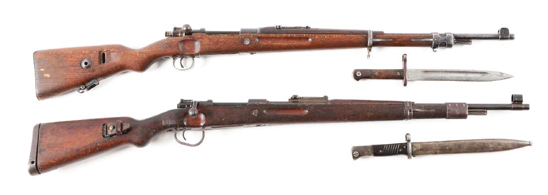 (C) Lot of 2 German Military Mauser Rifles: Erfurt: Gun (A) is an Erfurt WWI era 1917 KAR98 (98az) carbine. Numbers are not matching, later floor plate and straight handle bolt. Import marked on barrel. Does not appear to have any foreign markings. Sto