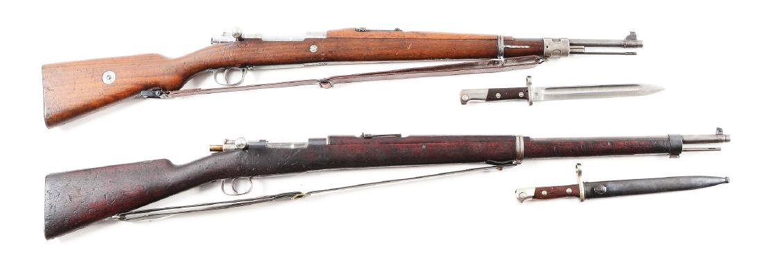 (C) Lot of 2 Chilean Military Mauser Rifles With: Gun (A) is a Steyr made model 1912 Chilean contract Mauser rifle. Matching numbers with the exception of the floorplate. Nice clear 1912 dated cartouche in right side of the stock. Import marked. Cres