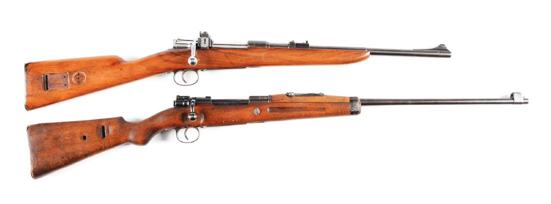 (C) Lot of 2: European Military Bolt Action Rifle &: Lot includes a sporterized Swedish Mauser carbine in 6.5mm and a sporterized German Mauser KAR98 in 8mm. (A) Swedish Mauser Model 94 carbine manufactured by Carl Gustafs in 1901 which has been heavily