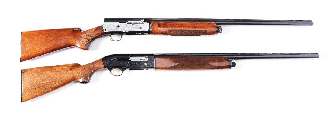 (M) Lot of Two Twelve Bore Semi-Automatic Shotguns.: (A) Features include full round barrel with matt vent rib, center bead and silver front bead sights. Roll engraved semi-automatic action Walnut fore-stock with one checkered panel. Walnut pistol grip 