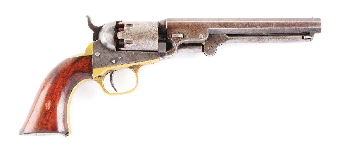 (A) Colt Model 1849 Percussion Pocket Revolver.: All matching numbers including wedge. Manufactured 1865. Features octagon barrel, six shot, single action, brass trigger guard and back strap, with varnished one piece walnut grips. Approximately 75% 