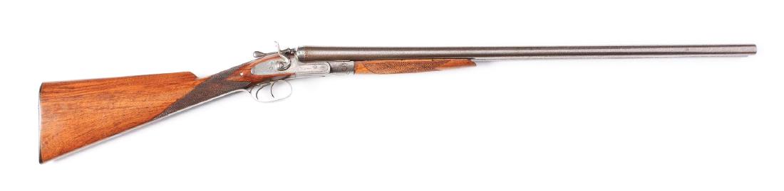 (A) English Hammer Shotgun Marked Mortimer.: Features English proofed Damascus steel barrels with solid rib marked "MORTIMER LONDON", breech with dolls head extension. Twin locks feature scroll engraving. Two piece checkered walnut stocks with h