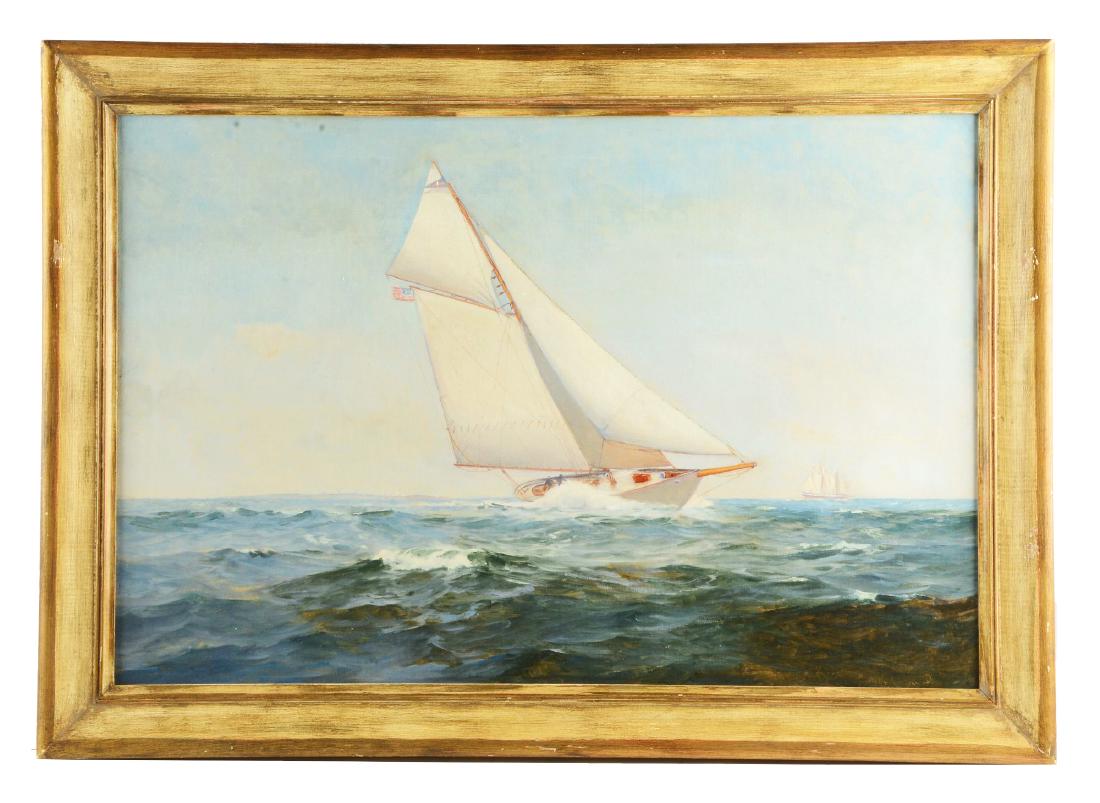 Warren W. Sheppard.: Professionally cleaned, no restoration, damage or in-painting noted. Viewed under black light. Note: The centreboard sloop "Vigilant", owned by a syndicate led by Charles Iselin, which included Cornel