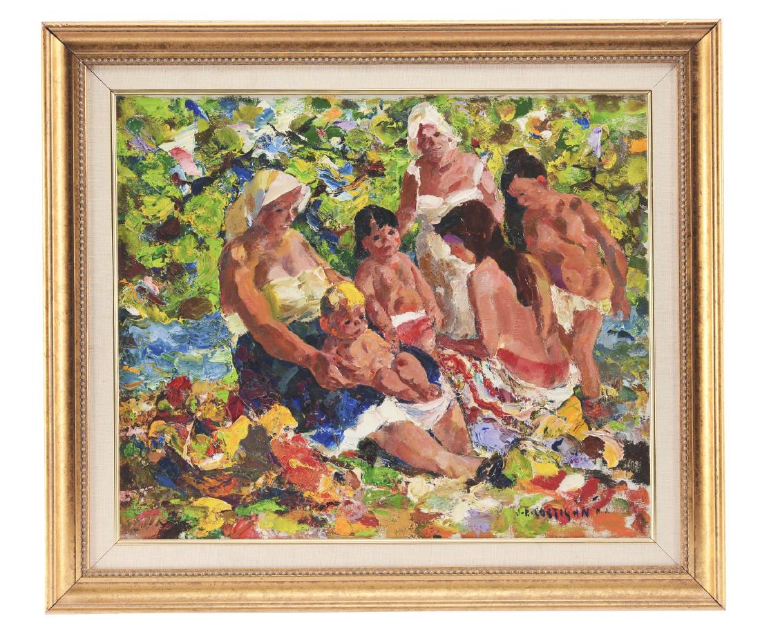 John E. Costigan.: Appears to be in very fine, original condition. Provenance: Private collection, Berverly Hills, California.Dates: (American, 1888 - 1972).Frame: Gold Gilt Wood with Fabric Liner.Medium: Oil on Canvas.