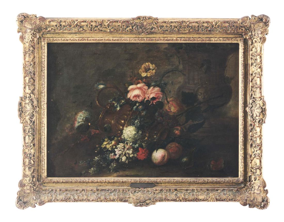 Unknown Artist In the Manner of Jean-Baptiste Monnoyer.: Surface dirty overall; small spots of in painting throughout, small paint chips notibly in left side facing just left of the floral arrangment. Brass plate on frame inscribed "Jean-Baptiste Monnoyer".