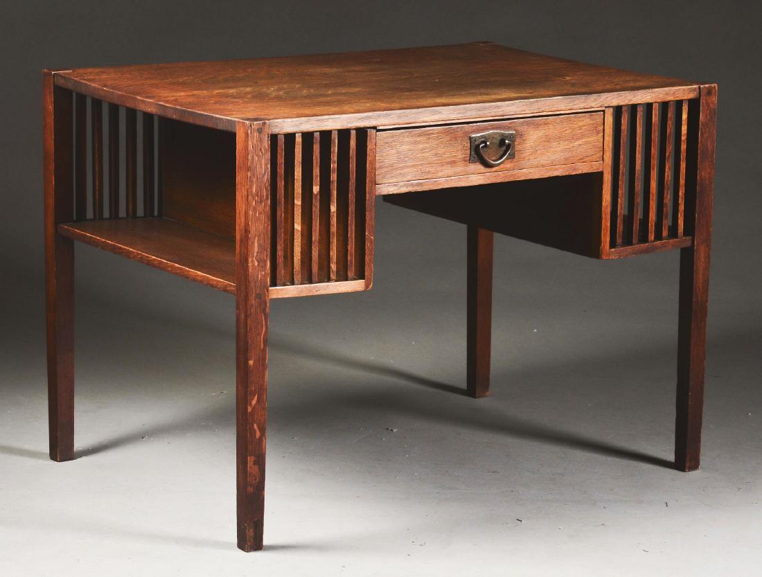 Rare Gustav Stickley Spindle Sided Library: Rare & Uncatalogued Gustav Stickley Spindle Sided Arts & Crafts Library Table/Partners Desk with book shelves in quartersawn oak. Original finish and hammered copper hardware. Signed inside drawer wit