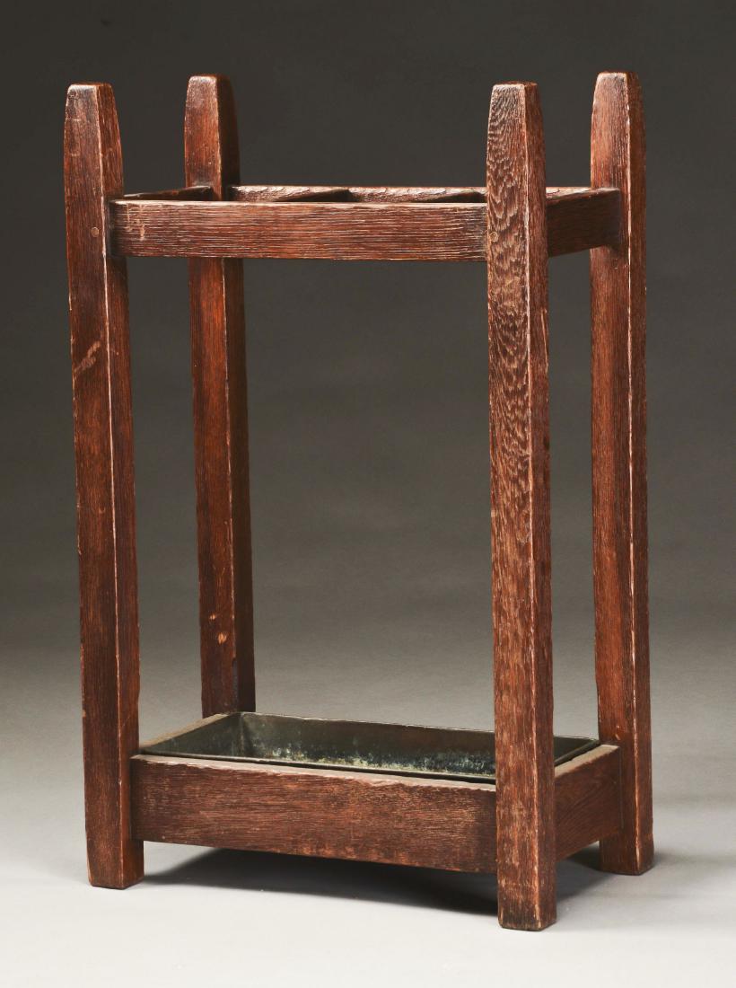 Gustav Stickley Umbrella Stand with Original Copper: Gustav Stickley Pencil-Post Large Umbrella Stand with Original Copper Drip Pan in quartersawn oak, Model No. 55. These rarely surface with the original copper drip pan. Signed on bottom with brown pap