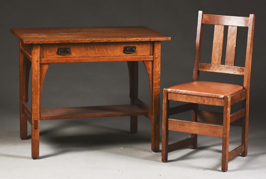 Lot of 2: L&JG Stickley Library Table with Desk Chair,: Lot of 2: L&JG Stickley, Fayetteville, New York., Arts & Crafts Library Table/Desk, Model No. 520, in quartersawn oak with L&JG Stickley desk chair. Great size and design with long corbels, and a sing