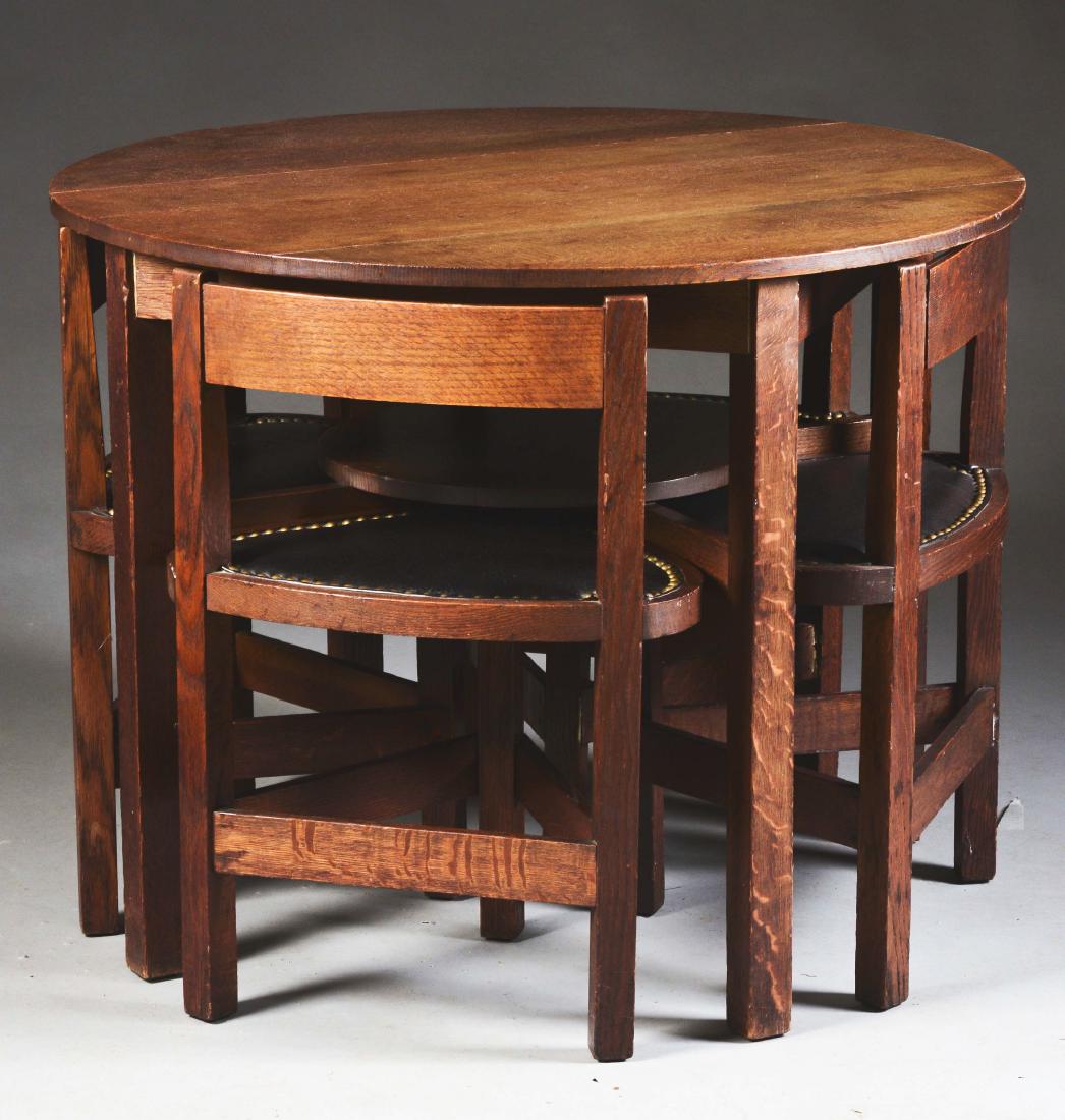 Lot Of 5: Mission Oak Game Table With Four Nesting: Lot Of 5: Mission Oak Art & Crafts Gaming Card Table in quartersawn oak with four (4) nesting chairs and lower shelf over arched crossed stretchers. Original finish. Factory marked with model number u