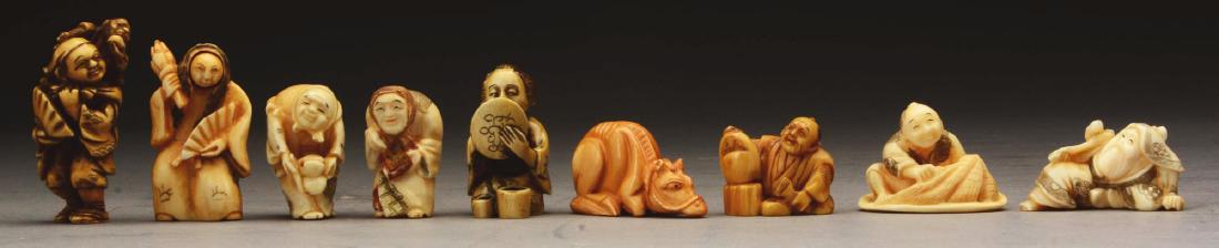 Lot Of 9: Japanese Carved Netsuke Figures.: 19th to early 20th century, Japan. Includes signed examples. 1) Figure of reclining man with a scepter, signed. 2) Figure of stooped elderly woman, signed. 3) Figure of stooped elderly woman selling f