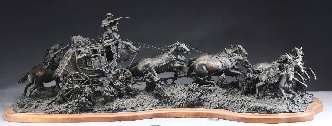 Original Rusty Phelps Bronze "Where Travel Meant: A very large and monumental bronze sculpture depicting a stage coach with a six horse team riding through the open countryside while under attack by three Indians on horseback. One Indian is about to