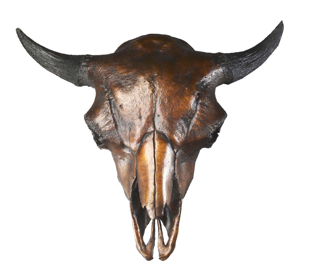 R. Rousu.: Note: Foundry mark: "Wyoming Bronze" and copyright symbol. Also signed and inscribed on the verso of the skull. Undisturbed patina, olive green color, undisturbed surface; very good overall. From the 