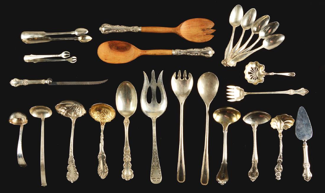 A Group Of Miscellaneous Sterling Silver Flatware And: Late 19th to early 20th century, American. Items include Cold Meat Fork, Old Mount Vernon pattern, 9-3/4" long; Ladle with gold wash, Toll Silversmith, English pattern, 6-1/2"; Gravy Ladle, Colbert, O