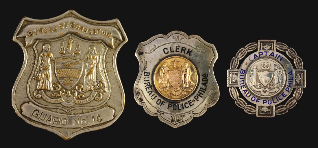 Lot Of 3: Philadelphia Police Badges.: The first is a sterling with a gold seal fifth issue badge for the Clerk, Philadelphia Bureau of Police. These were used by the Philadelphia PD from 1884 to 1888. The second is for the Captain of Phil