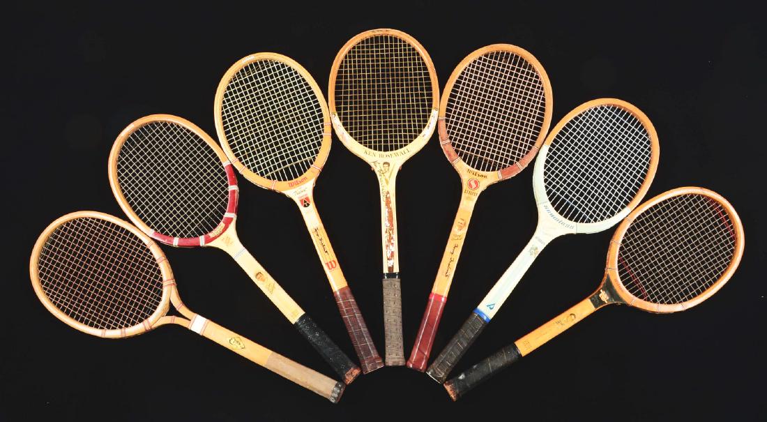 Lot Of 14: Player Endorsed Tennis Rackets.: This collection of player endorsed tennis rackets includes Ellsworth Vines, Gussie Moran, George Lott, Billy Jean King, Bobby Riggs, Bill Tiden, and others. Most are in excellent condition with good d