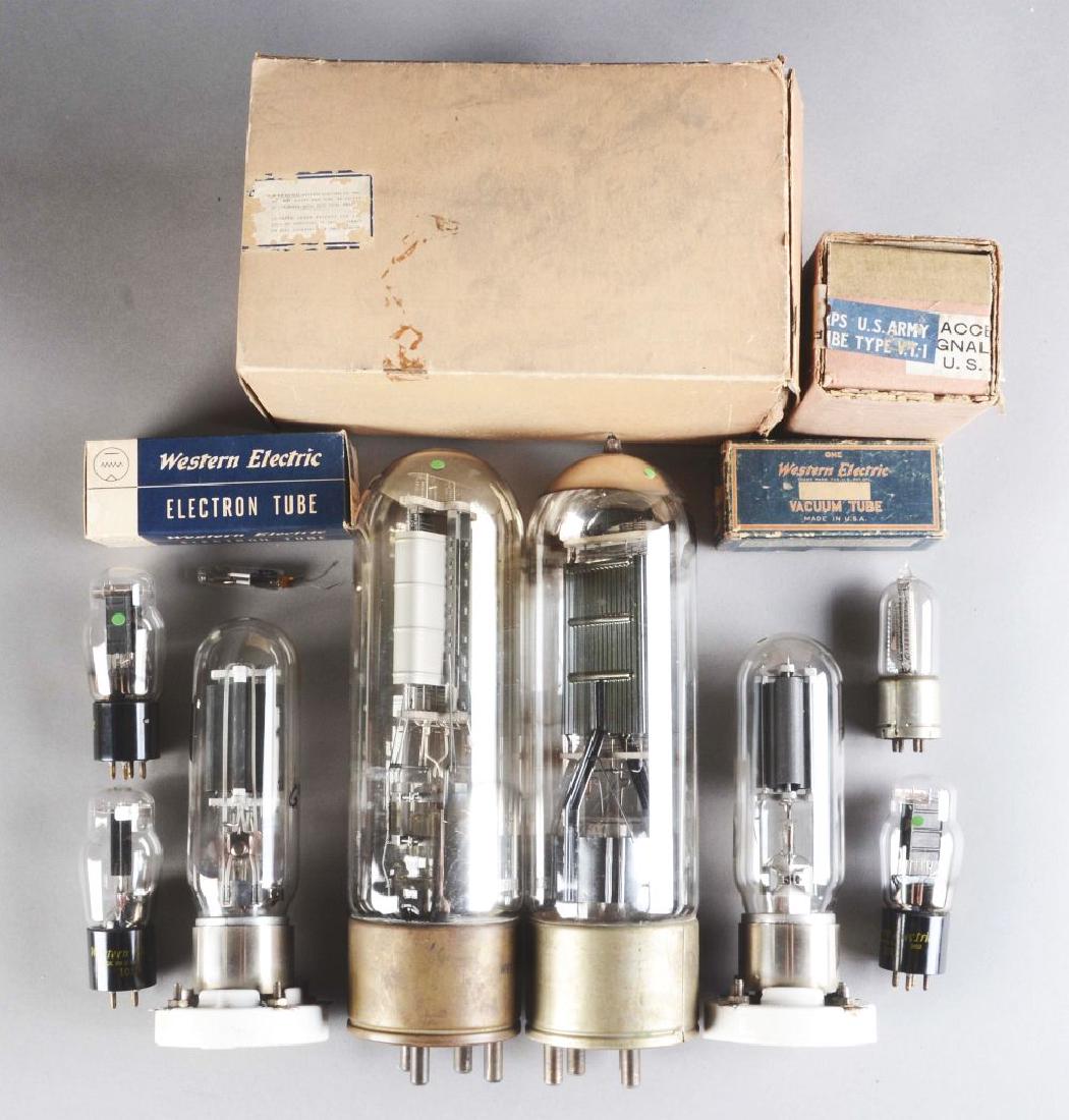 Lot Of 12: Western Electric & RCA Tubes.: Lot includes: Western Electric 212D, 212E, 101-D, WT-14 and W.E. Type 305-A, new in the box, all have good filaments. Also includes one pair of RCA Transmitting Tubes in their sockets. Condition: Dime