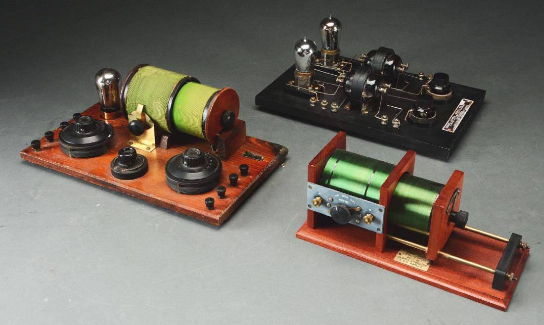 Lot Of 3: Original A.C Gilbert Receiver and Two: Lot includes 1) A.C. Gilbert Co. one tube, loose coupler receiver, complete and in good condition. 2) RCA type AA484, two stage amplifier, reproduction made by Ron Frisbe, includes two brass base tipp