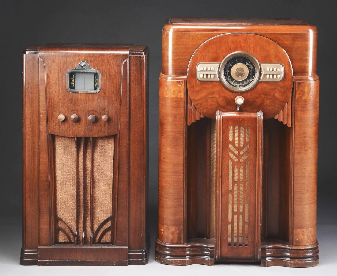 Lot Of 2: Zenith Console and Wards Airline Console.: Lot includes: 1) Zenith Console Model 1207 with the Shutterdial and push buttons in very good condition. 2) Montgomery Wards Airline Model 62-311, a Superheterodyne console with movie dial, a magic ey