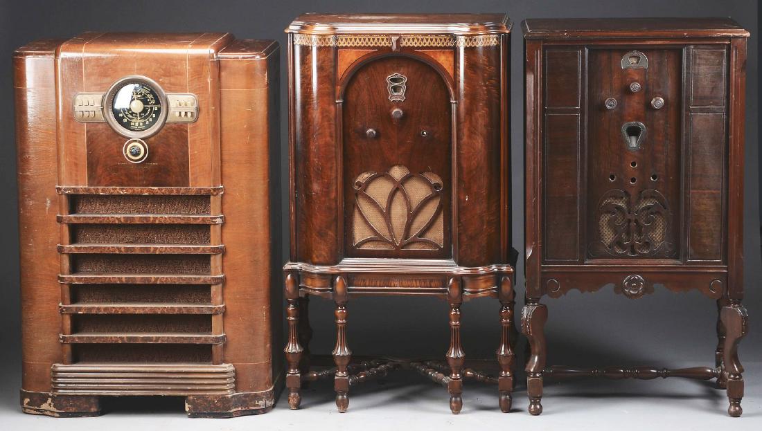 Lot Of 3: Console Radios By Zenith, Crosley & Stewart: Lot includes: 1) Zenith Console Radio Model 1005, Chassis No. S690660. Has nine tubes, and is in good condition. 2) Crosley Console Radio Model 127. known as the Happy Hour radio, includes nine tubes